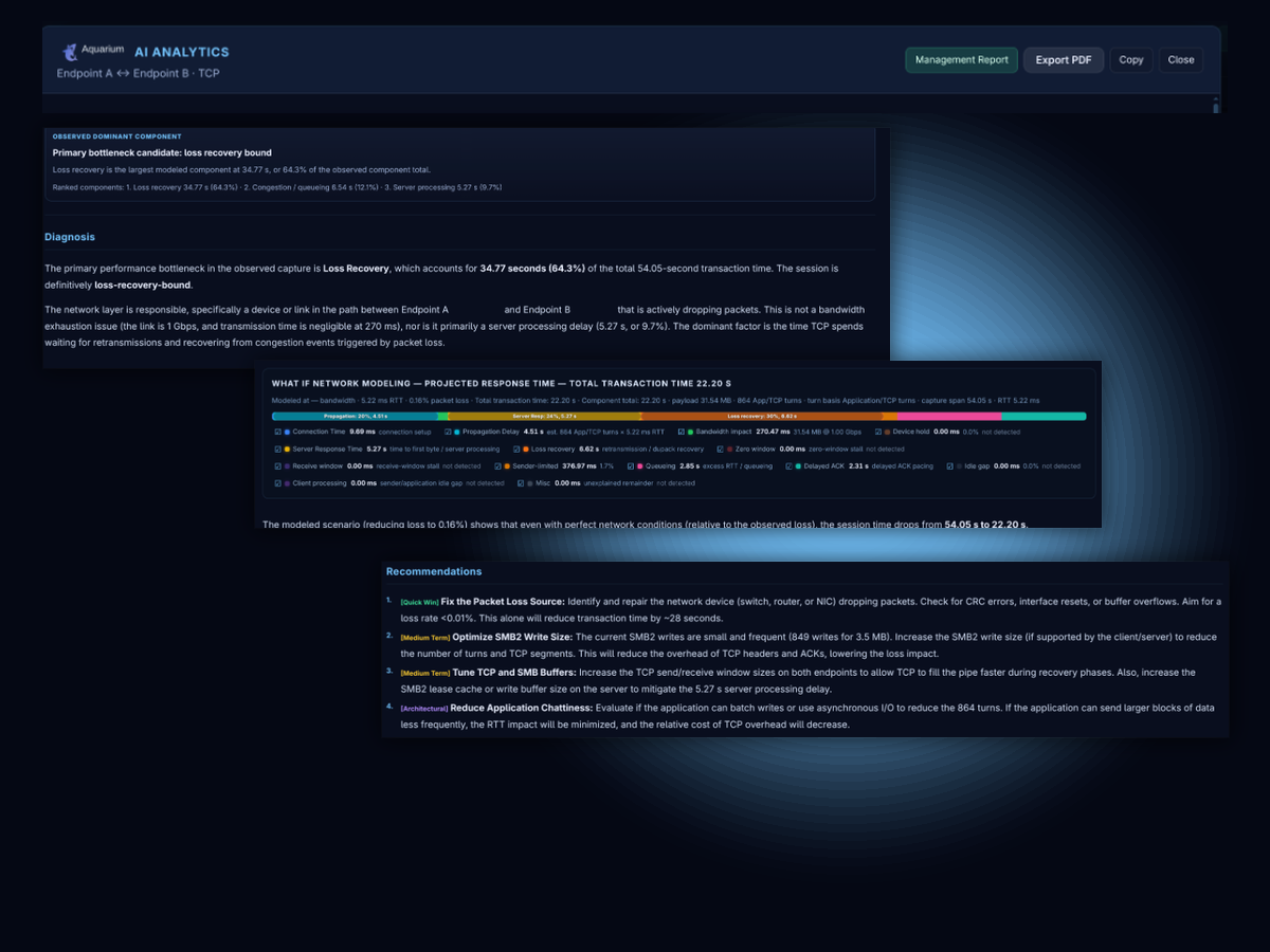 TraceMind AI reporting mashup showcasing technical analysis reports overlaid with high-level management summary views and recommended next steps
